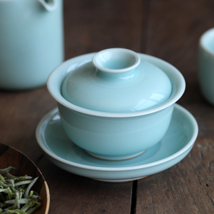 挑tea｜龙泉青瓷陈卫武粉青蓝釉陶瓷纯手工小盖碗泡茶器家用茶具