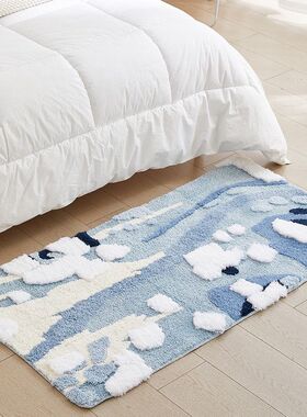 客厅地毯柔软舒适簇绒秘蓝色3D超细纤维高级家用装饰长方卧室地垫