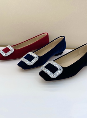 Federica Di Donato一线大牌方头浅口真丝绒奢华水钻低跟单鞋女