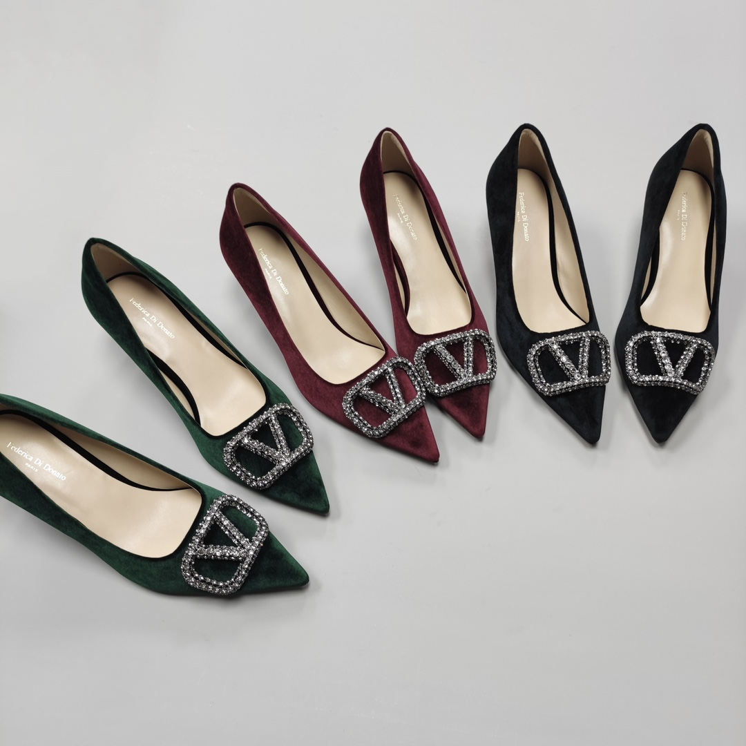 Federica Di Donato百搭显瘦真丝绒水钻浅口尖头高跟鞋细跟单鞋女