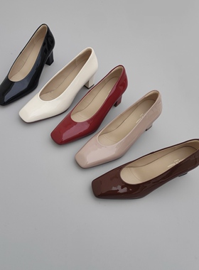 Federica Di Donato女人味十足简约高端方头气质漆皮高跟单鞋女