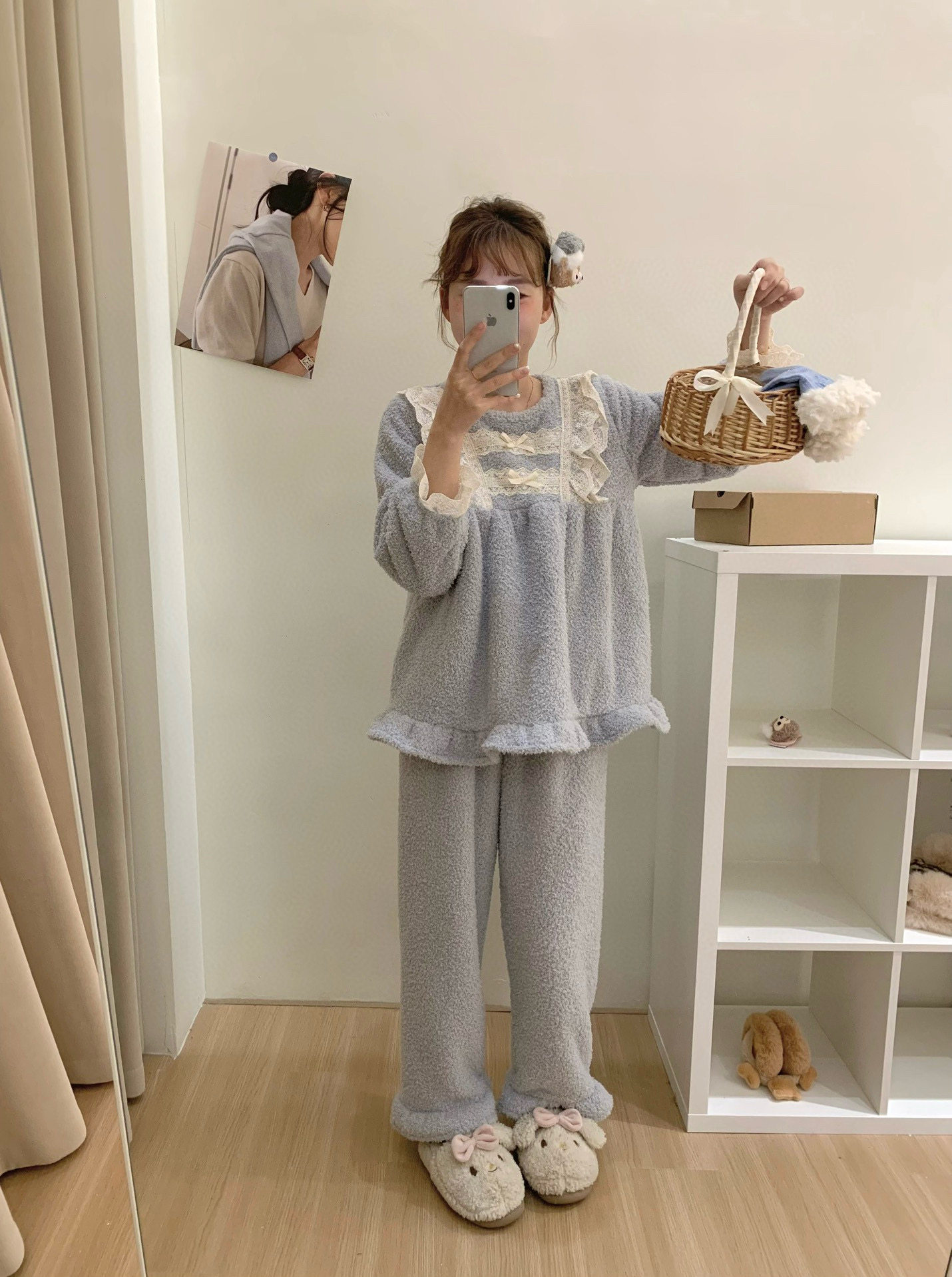 秋冬女韩国复古宫廷双面半边绒睡衣保暖舒适家居服套装
