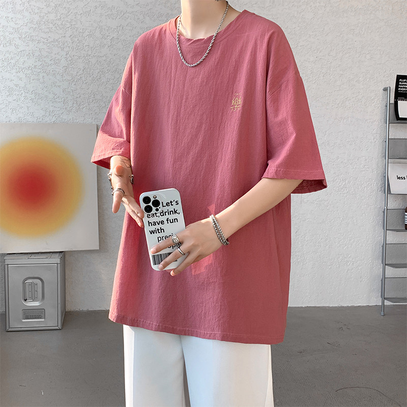夏季2022棉麻短袖T恤宽松大码亚麻潮ins半袖刺绣短teeTX07P20,男装T恤,星座417-3