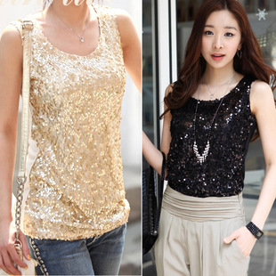 闪闪亮片修身显瘦吊带背心夜店ktv舞台表演服女装加大码小众上衣