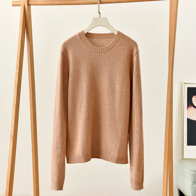极简风圆领长袖针织衫女百搭套头毛衣驼色基础款  莉2638  D4-2