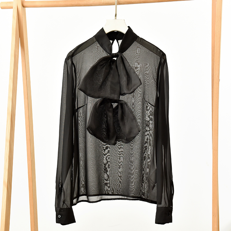 轻熟简约风真丝蝴蝶结衬衫设计感飘带透视长袖上衣  莉2622 E3-2
