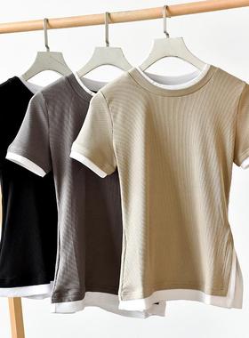 2024年简约时尚减龄假两件拼色纯棉圆领短袖T恤  莉384   X5-3