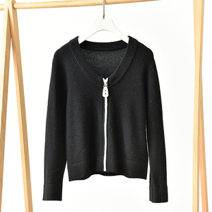 老钱风黑色拉链针织开衫 莉2756 毛衣羊绒外套 女V领长袖