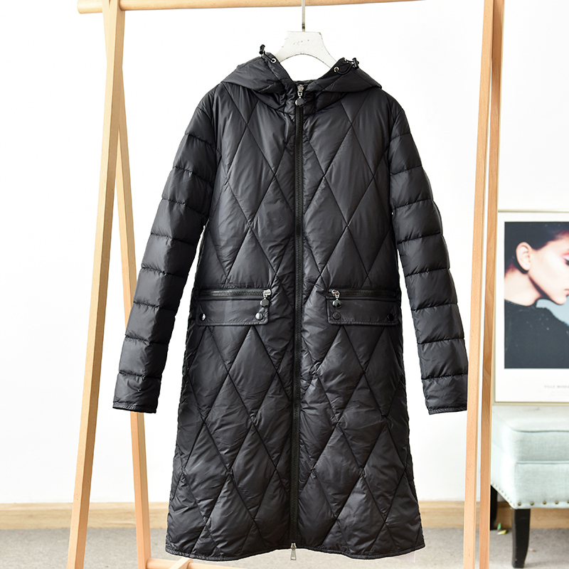 冬季黑色中长款菱形格连帽羽绒服收腰显瘦长袖外套 莉2550  E3-3