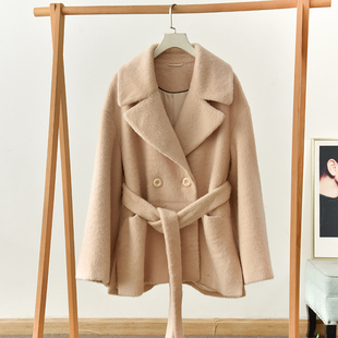 极简风西装 莉2496 系带收腰外套 领双排扣毛呢大衣女中长款