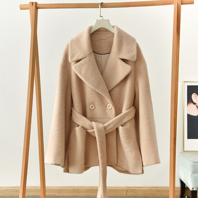 极简风西装领双排扣毛呢大衣女中长款系带收腰外套  莉2496  E6-3