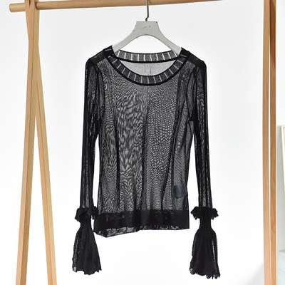 性感透视薄纱罩衫女长袖流苏装饰黑色蕾丝上衣女装 莉3248  B2-2