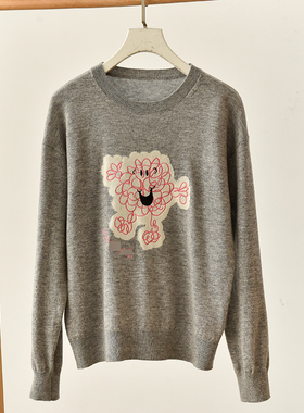 山羊绒刺绣图案灰色圆领毛针织衫女长袖亲肤保暖  莉2640  D4-2