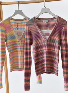 撞色条纹弹力修身显瘦针织衫新款百搭衫 霞0128 X2-2