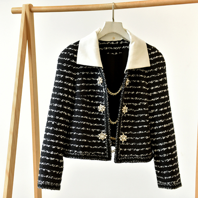 可拆卸领钻扣黑白撞色粗花呢长袖外套 霞1051 E6-4