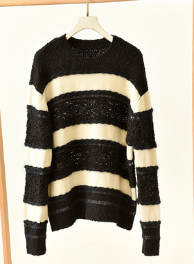 黑白条纹撞色圆领毛衣女长袖百搭显瘦针织衫   莉2863  G2-3