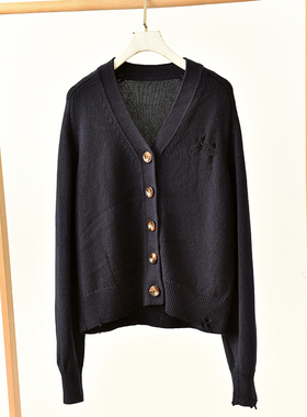 极简风V领纽扣针织开衫女黑色百搭毛衣外套  莉2854  G2-3