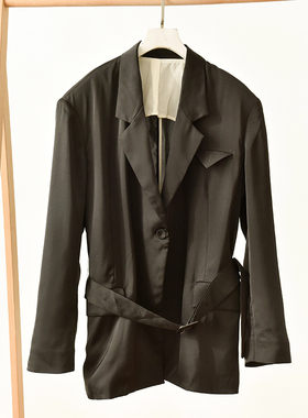 黑色西装外套收腰系带两粒扣显瘦通勤职场极简风   莉3113  E1-4