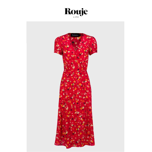 【现货】Rouje Life真丝茶歇裙短袖V领连衣裙收腰绑带裹身裙印花