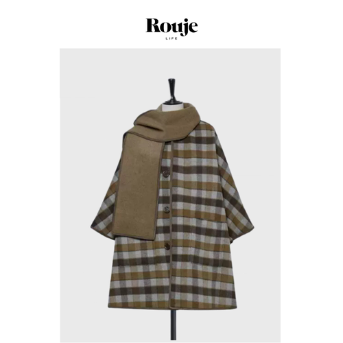 【现货】Rouje Life买手店联名大衣24秋冬复古格子羊毛呢斗篷外套