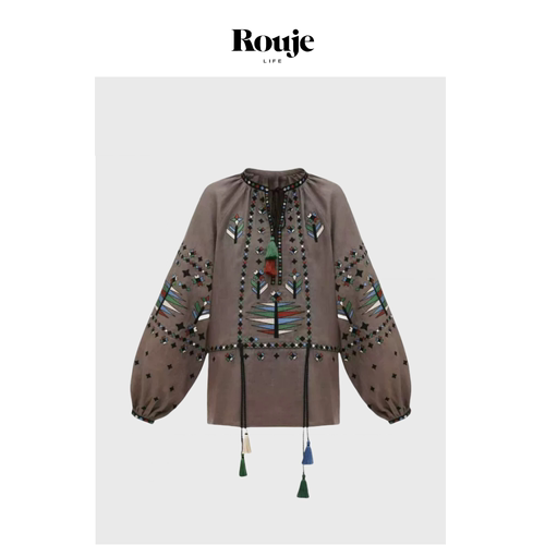 【现货】Rouje Life 法式高级民族风 刺绣流苏系带灯笼袖宽松衬衫