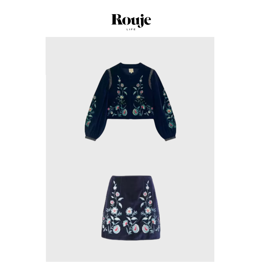 【现货】Rouje Life巴黎套装法式早秋蓝色复古天鹅绒刺绣外套半裙