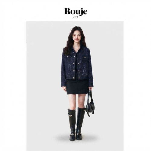 【现货】Rouje Life蓝调夜色牛仔拼接藏蓝花纱亮片小香风翻领外套