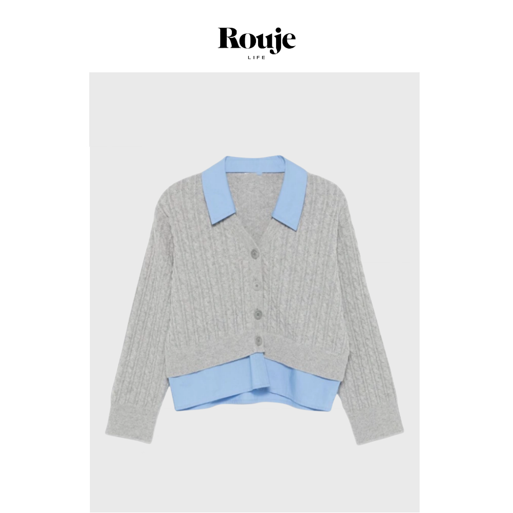 【现货】Rouje Life麻花编织柜板小开衫秋季灰色假两件V领针织衫