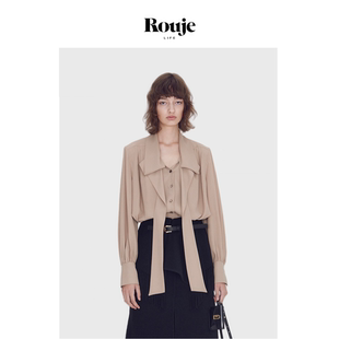 【现货】Rouje Life衬衫女卡其色围巾领休闲气质设计师长袖衬衣女