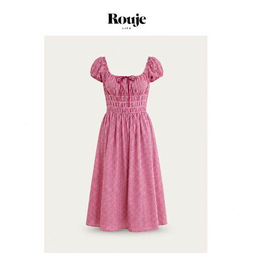 【现货】Rouje Life新款红格子方领度假收腰中长款连衣裙法式女
