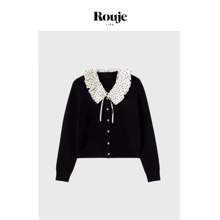甜美风开衫 Life经典 Rouje 25秋波点荷叶边翻领针织衫 现货