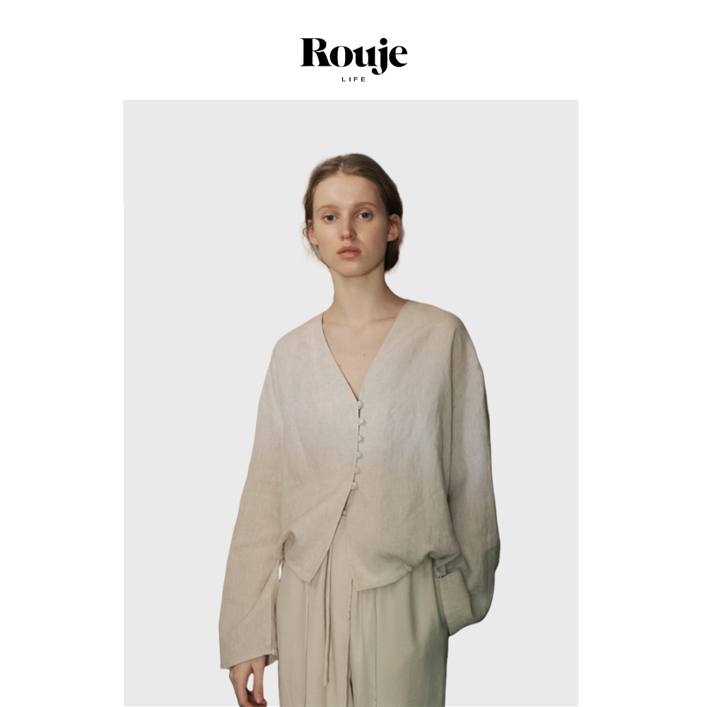 【现货】Rouje Life衬衫上衣女短款廓形落肩V领长袖小众设计衬衣
