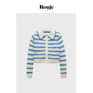 Life秋时尚 Rouje 镂空浪漫条纹提花翻领单排扣毛针织开衫 现货