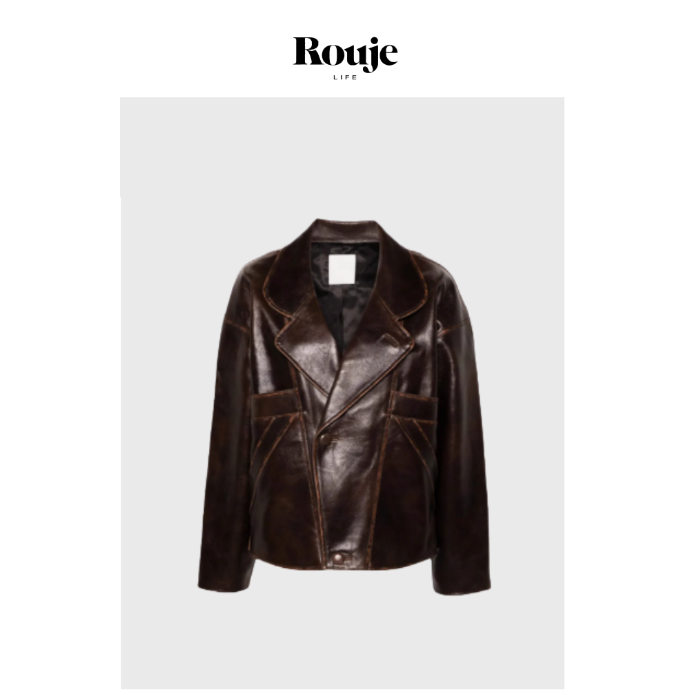 【现货】Rouje Life时髦廓形！皮革夹克秋冬机车风做旧油蜡皮外套