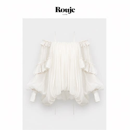【现货】Rouje Life徐璐同款一字肩荷叶边长袖衬衫法式吊带上衣女