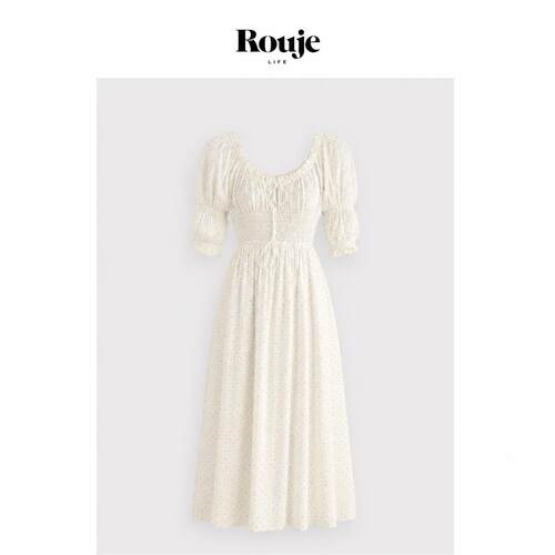 【现货】Rouje Life休闲波点印花高腰长裙 法式泡泡袖连衣裙