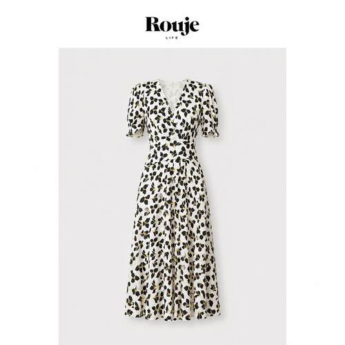 【现货】Rouje Life三叶草围裹式收腰V领短袖茶歇显瘦大摆连衣裙