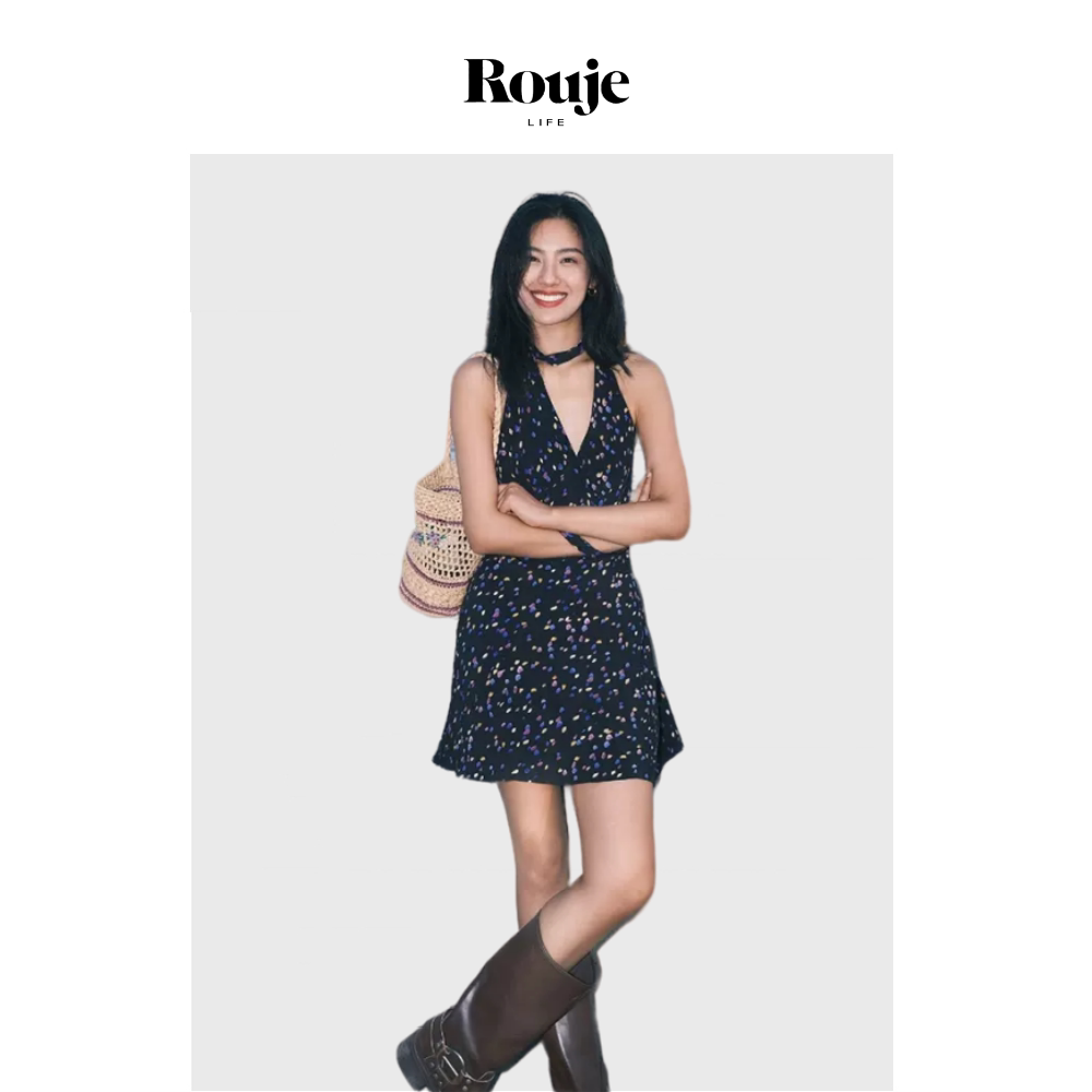 【现货】Rouje Life繁星点点印花V领真丝吊带性感挂脖露背连衣裙