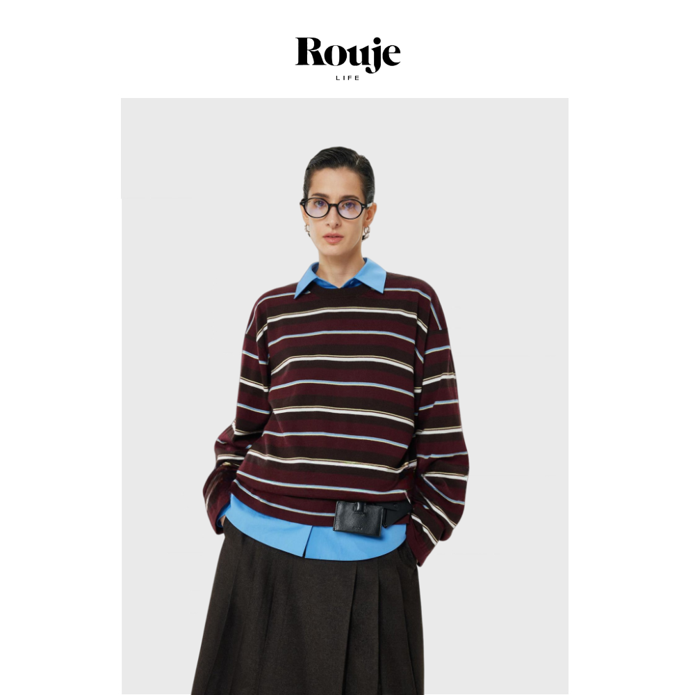 【现货】Rouje Life可机洗桑蚕丝羊毛复古撞色彩条加厚廓形针织衫