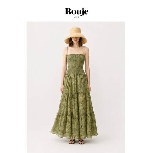 【现货】Rouje Life豹纹绿方领打揽吊带长裙轻盈透气法式复古风
