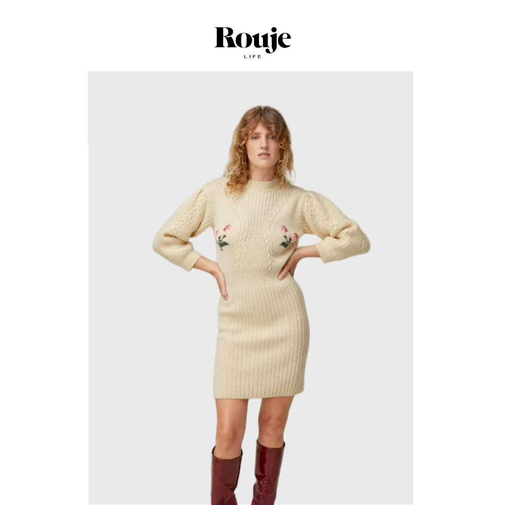 【现货】Rouje Life古典文艺粗织连衣裙 米色花卉针织裙毛衣开衫