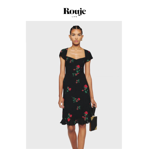 【现货】Rouje Life新款印花过膝方领中长款修身连衣裙子法式复古