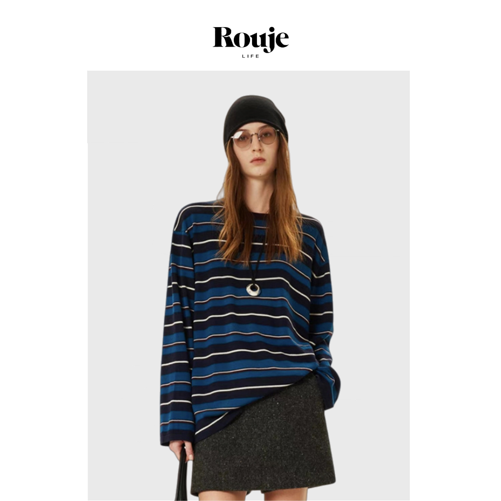 【现货】Rouje Life miu系复古条纹莱赛尔羊毛混纺打底衫针织上衣