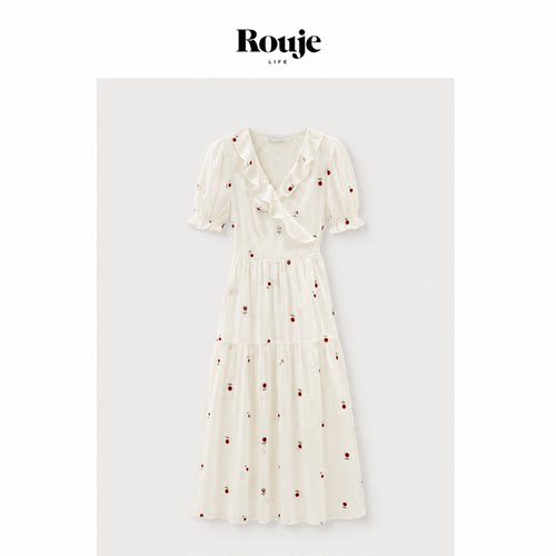 【现货】Rouje Life夏季立体绣花V领荷叶边收腰显瘦显腿长连衣裙