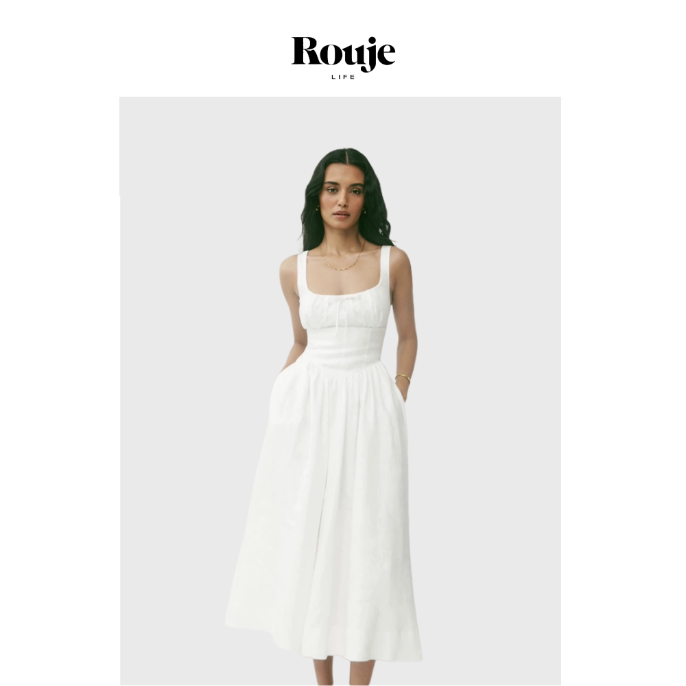 【现货】Rouje Life白色背带方领露背收腰长款亚麻背心法式连衣裙