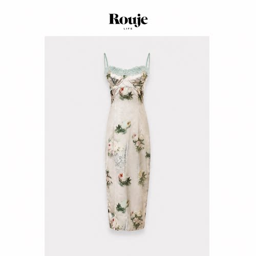 【现货】Rouje Life蕾丝印花复古吊带裙纯欲收腰修身开衩连衣裙女