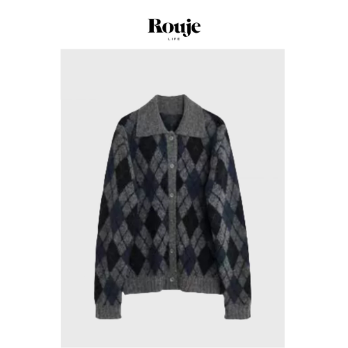 【现货】Rouje Life无性别主义毛衣24秋季菱格纹复古针织衫开衫