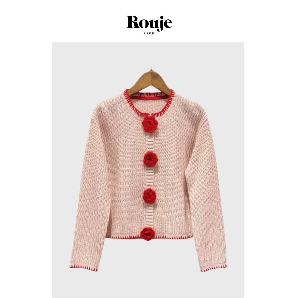 【现货】Rouje Life法式小众甜美钩编红花圆领羊驼毛混纺针织开衫
