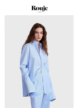 【现货】Rouje Life春秋男友风条纹高密纯棉宽松白色蓝色衬衫上衣