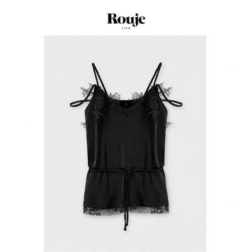 【现货】Rouje Life黑色手工钉花蕾丝拼接V领吊带女外穿抽绳上衣